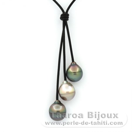 Collier en Cuir et 3 Perles de Tahiti Cerclées C de 11.5 à 11.9 mm