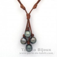 Collier en Cuir et 4 Perles de Tahiti Semi-Baroques C de 12.6 à 13.7 mm