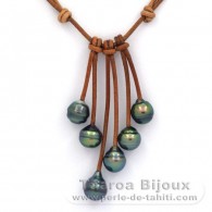Collier en Cuir et 6 Perles de Tahiti Cerclées C+ de 9 à 9.2 mm