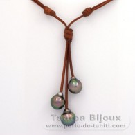 Collier en Cuir et 3 Perles de Tahiti Semi-Baroques C de 11 à 11.6 mm