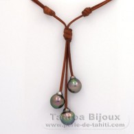 Collier en Cuir et 3 Perles de Tahiti Semi-Baroques C de 11  11.6 mm