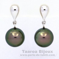 Boucles d'oreilles en Or blanc 18K et 2 Perles de Tahiti Rondes B+ 9.9 mm