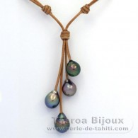 Collier en Cuir et 4 Perles de Tahiti Semi-Baroques B+ de 10.1  10.5 mm