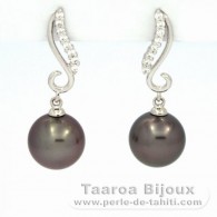 Boucles d'oreilles en Argent et 2 Perles de Tahiti Rondes C 9.6 et 9.7 mm
