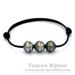 Bracelet en Cuir et 3 Perles de Tahiti Cercles C  9.7  9.8 mm