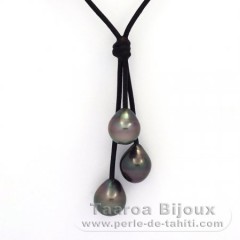 Collier en Cuir et 3 Perles de Tahiti Semi-Baroques B  10 à 10.2 mm