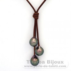 Collier en Cuir et 3 Perles de Tahiti Semi-Baroques B  9.5 à 9.9 mm