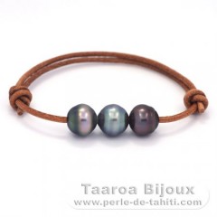 Bracelet en Cuir et 3 Perles de Tahiti Cercles C  10.5  10.8 mm