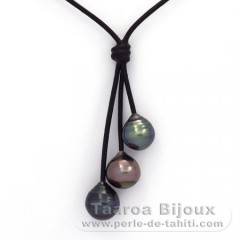Collier en Cuir et 3 Perles de Tahiti Cercles C  10  10.5 mm