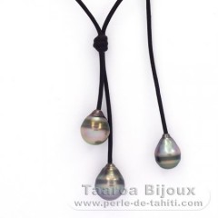 Collier en Cuir et 3 Perles de Tahiti Cerclées C 9 à 10.4 mm
