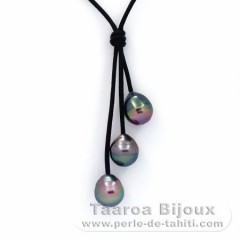Collier en Cuir et 4 Perles de Tahiti Cerclées C 9.1 à 10.7 mm