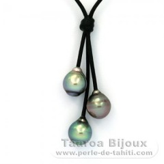 Collier en Cuir et 3 Perles de Tahiti Cerclées B  9.5 à 9.8 mm
