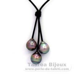 Collier en Cuir et 3 Perles de Tahiti Cercles B 10  10.2 mm