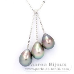 Collier en Argent et 3 Perles de Tahiti Semi-Baroques B 9.1 à 9.4 mm