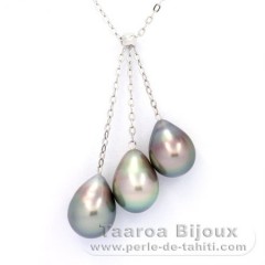 Collier en Argent et 3 Perles de Tahiti Semi-Baroques B 9.1  9.4 mm