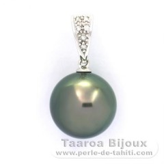 Pendentif en Or blanc 14K + 6 diamants et 1 Perle de Tahiti Ronde B 11.8 mm