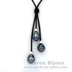 Collier en Cuir et 3 Perles de Tahiti Cercles B+ 9  9.6 mm