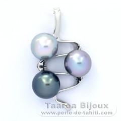 Pendentif en Argent et 3 Perles de Tahiti Semi-Rondes C 9.4  9.6 mm