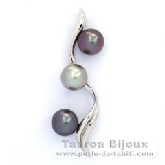 Pendentif en Argent et 3 Perles de Tahiti Rondes B/C 9.7  9.8 mm
