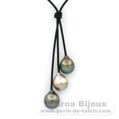 Collier en Cuir et 3 Perles de Tahiti Cerclées C 11.5 à 11.9 mm