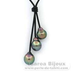 Collier en Cuir et 3 Perles de Tahiti Cercles B 10  10.5 mm