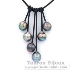 Collier en Cuir et 6 Perles de Tahiti Cercles B/C 10  10.5 mm