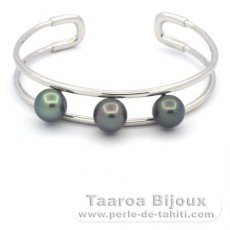 Bracelet en Argent et 3 Perles de Tahiti Semi-Rondes B 8.9  9.1 mm