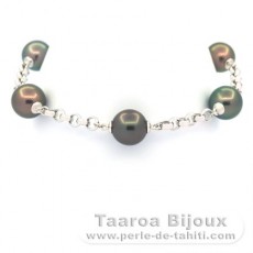 Bracelet en Argent et 5 Perles de Tahiti Rondes C 9.6 à 9.9 mm