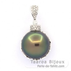 Pendentif en Or blanc 18k + 35 diamants et 1 Perle de Tahiti Ronde B 15.2 mm