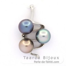 Pendentif en Argent et 3 Perles de Tahiti Semi-Rondes C 9.8  10 mm