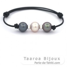 Bracelet en Cuir et 3 Perles de Tahiti Rondes C 10 mm