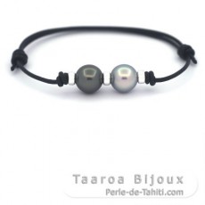Bracelet en Cuir et 2 Perles de Tahiti Rondes C 10.3 mm