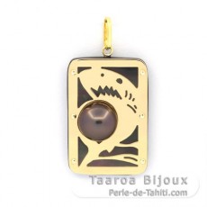 Pendentif en Or 18K, Nacre et 1 demi Perle de Tahiti - Dimensions = 28 x 19 mm - Requin