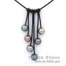 Collier en Cuir et 6 Perles de Tahiti Rondes C 10  10.4 mm