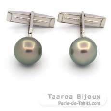 Boutons de manchettes en Argent et 2 Perles de Tahiti Rondes C 10.8 mm