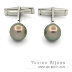 Boutons de manchettes en Argent et 2 Perles de Tahiti Rondes C 10.7 mm