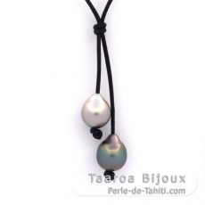 Collier en Cuir et 2 Perles de Tahiti Semi-Baroques BC de 12 à 12.4 mm