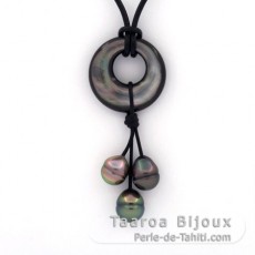Collier en Cuir et 3 Perles de Tahiti Cerclées B de 8.9 à 9.4 mm