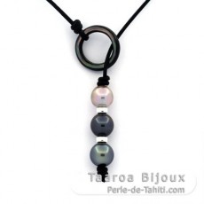 Collier en Cuir et 3 Perles de Tahiti Semi-Baroques C de 9.2 à 10.3 mm
