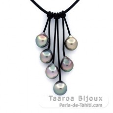 Collier en Cuir et 6 Perles de Tahiti Semi-Baroques B/C de 9.3 à 9.7 mm