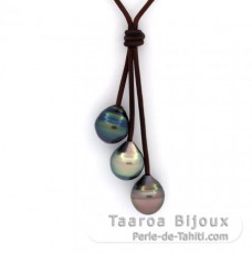 Collier en Cuir et 3 Perles de Tahiti Cerclées C de 11.2 mm