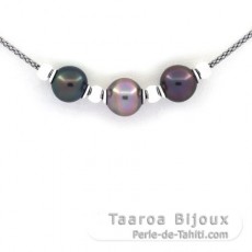 Collier en Argent et 3 Perles de Tahiti Semi-Baroques B/C de 10.1 à 10.6 mm