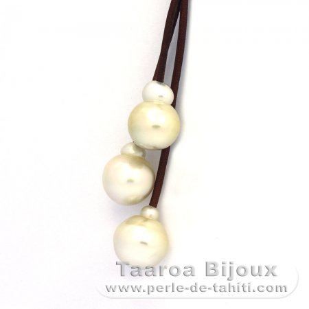 Collier en Cuir et 3 Perles d'Australie Baroques C de 13.6 à 14.9 mm