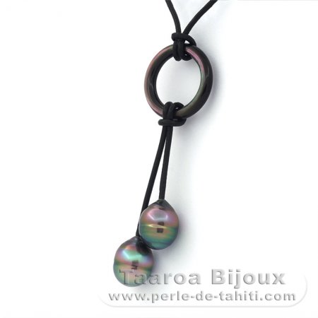 Collier en Cuir et 2 Perles de Tahiti Cerclées C+ 10.3 mm