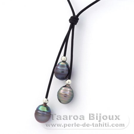 Collier en Cuir et 3 Perles de Tahiti Cerclées C 10.7 à 10.8 mm