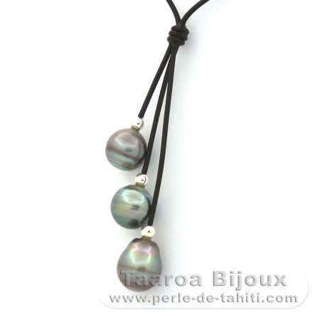 Collier en Cuir et 3 Perles de Tahiti Cerclées BC 12 à 12.5 mm