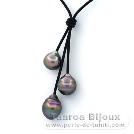 Collier en Cuir et 3 Perles de Tahiti Cerclées BC 11 à 11.4 mm