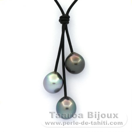 Collier en Cuir et 3 Perles de Tahiti Semi-Baroques C de 11.5 à 11.6 mm