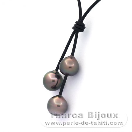Collier en Cuir et 3 Perles de Tahiti Semi-Baroques BC de 10 à 10.4 mm