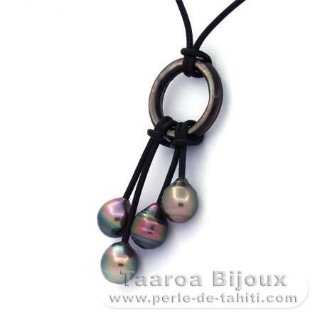 Collier en Cuir et 4 Perles de Tahiti Cerclées BC 8.4 à 8.9 mm